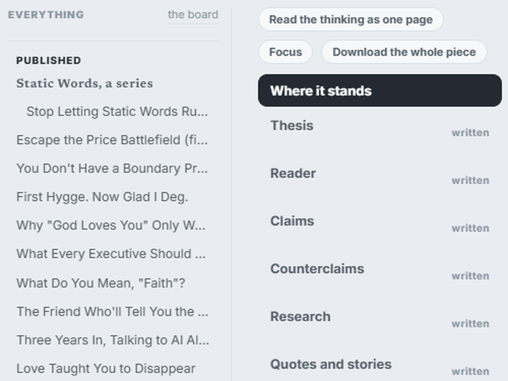 Close-up of my writing app: my published pieces listed on the left, and the open piece&rsquo;s sections beside them, Thesis, Reader, Claims and the rest.